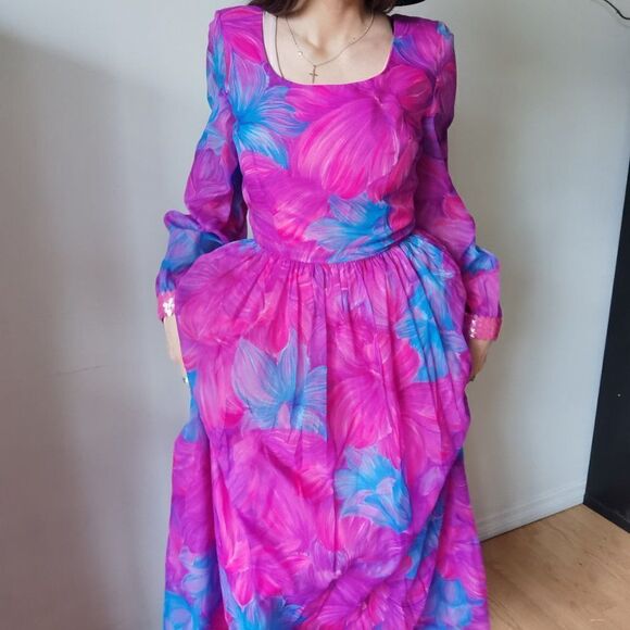 Vintage Maxi Dressย Neon 70s 60s 70sโChiffonโPuffโFestival - Picture 11 of 13